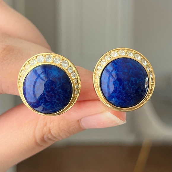 Vintage Christian Dior Lapis Blue Poured Glass Cabochon Round Gold Clip Earrings - Picture 1 of 11